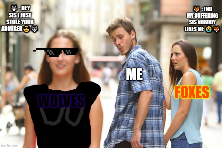 Distracted Boyfriend | 🐺 : HEY SIS I JUST STOLE YOUR ADMIRER😎🐺; 🦊 : END MY SUFFERING SIS NOBODY LIKES ME 😭🦊; ME; FOXES; WOLVES | image tagged in memes,distracted boyfriend | made w/ Imgflip meme maker