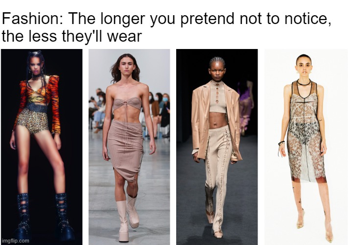 Just play it cool, fellas | Fashion: The longer you pretend not to notice, 
the less they'll wear | made w/ Imgflip meme maker