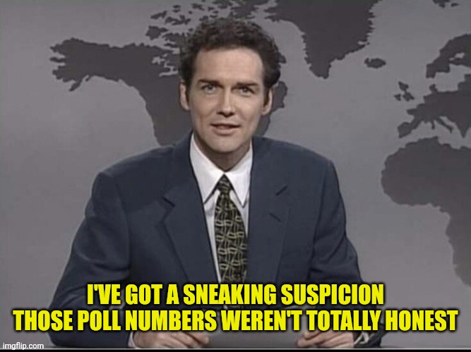 Weekend Update with Norm | I'VE GOT A SNEAKING SUSPICION THOSE POLL NUMBERS WEREN'T TOTALLY HONEST | image tagged in weekend update with norm | made w/ Imgflip meme maker