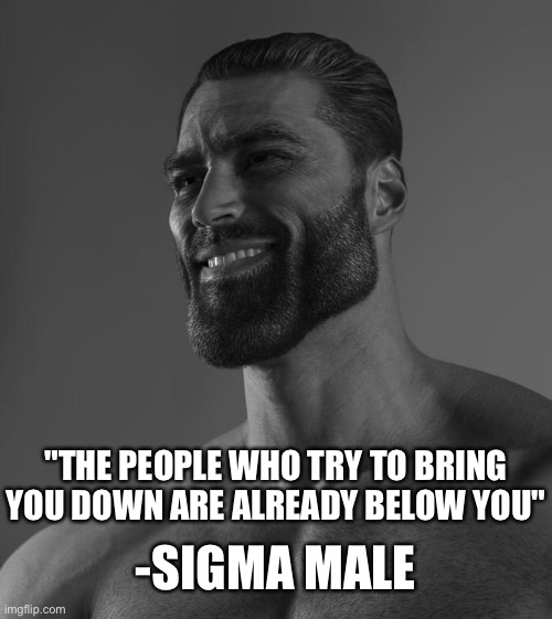Sigma rule #34 | -SIGMA MALE; "THE PEOPLE WHO TRY TO BRING YOU DOWN ARE ALREADY BELOW YOU" | image tagged in sigma male,wholesome | made w/ Imgflip meme maker