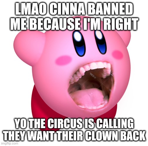 Kirby with teeth (god is extinct) | LMAO CINNA BANNED ME BECAUSE I'M RIGHT; YO THE CIRCUS IS CALLING THEY WANT THEIR CLOWN BACK | image tagged in kirby with teeth god is extinct | made w/ Imgflip meme maker