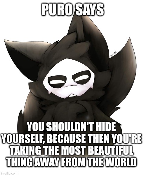 :33 | PURO SAYS; YOU SHOULDN'T HIDE YOURSELF, BECAUSE THEN YOU'RE TAKING THE MOST BEAUTIFUL THING AWAY FROM THE WORLD | image tagged in puro 3,wholesome | made w/ Imgflip meme maker