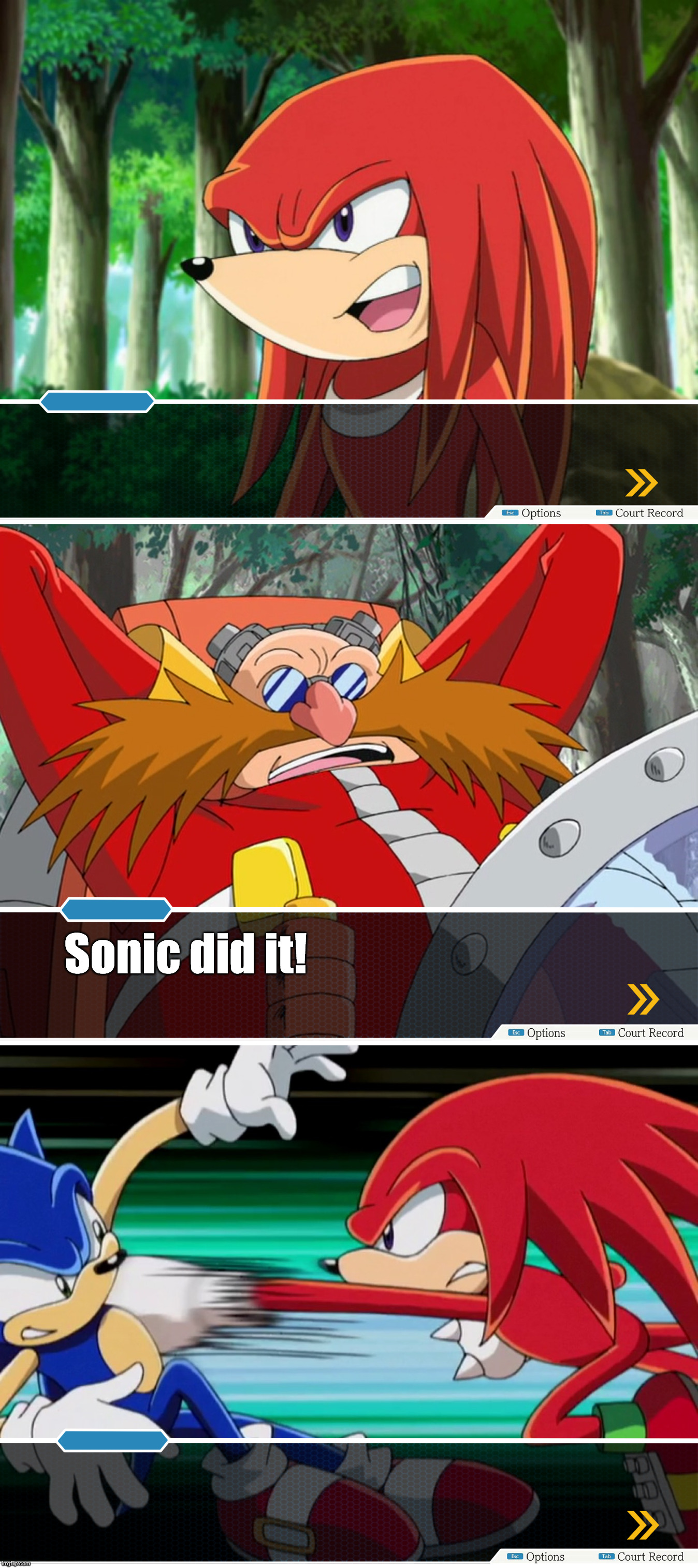 Blame Sonic |  Sonic did it! | image tagged in sonic the hedgehog,knuckles,eggman,sonic x,sonic | made w/ Imgflip meme maker