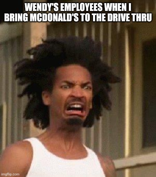 Disgusted Face | WENDY'S EMPLOYEES WHEN I BRING MCDONALD'S TO THE DRIVE THRU | image tagged in disgusted face | made w/ Imgflip meme maker