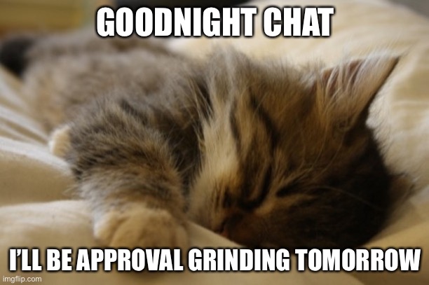 Goodnight | GOODNIGHT CHAT; I’LL BE APPROVAL GRINDING TOMORROW | image tagged in goodnight | made w/ Imgflip meme maker