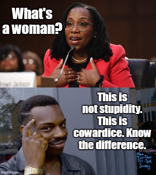 And you're a coward for not protesting like it is 1989 Tiananmen Square. | What's a woman? This is not stupidity. This is cowardice. Know the difference. | image tagged in ketanji brown jackson,memes,roll safe think about it,america doomed,cowardice,moral bankrupt | made w/ Imgflip meme maker