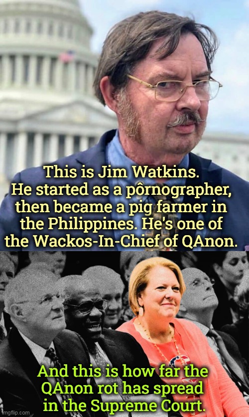 QAnon has taken over the Republican Party. | This is Jim Watkins. 
He started as a pôrnographer, 

then became a pig farmer in 
the Philippines. He's one of 
the Wackos-In-Chief of QAnon. And this is how far the 
QAnon rot has spread 
in the Supreme Court. | image tagged in qanon,nuts,clarence,thomas,toxic,craziness_all_the_way | made w/ Imgflip meme maker