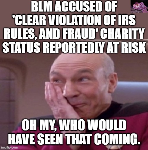 It seems the money is only used to support the "leaders". No money to help the people. | BLM ACCUSED OF 'CLEAR VIOLATION OF IRS RULES, AND FRAUD' CHARITY STATUS REPORTEDLY AT RISK; OH MY, WHO WOULD HAVE SEEN THAT COMING. | image tagged in picard oh my | made w/ Imgflip meme maker