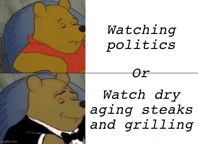 Nothing like watching a $100 steak get prepped and cooked | Watching politics; Or; Watch dry aging steaks and grilling | image tagged in memes,tuxedo winnie the pooh | made w/ Imgflip meme maker