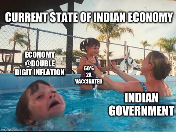 Current state of the India economy |  CURRENT STATE OF INDIAN ECONOMY; ECONOMY @DOUBLE DIGIT INFLATION; 60% 2X VACCINATED; INDIAN GOVERNMENT | image tagged in economy,inflation,vaccination | made w/ Imgflip meme maker