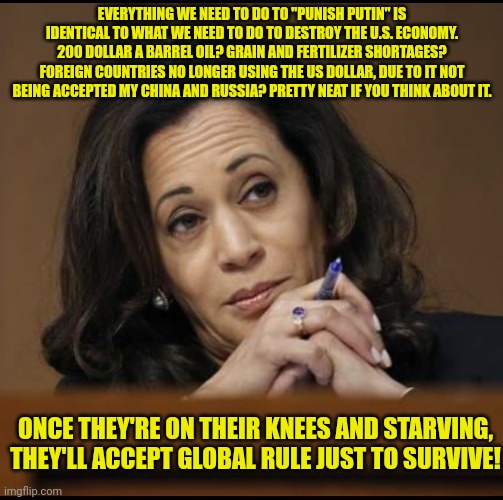 Another coincidence! Don't think about it! Sacrifices must be made for the greater good... | EVERYTHING WE NEED TO DO TO "PUNISH PUTIN" IS IDENTICAL TO WHAT WE NEED TO DO TO DESTROY THE U.S. ECONOMY. 200 DOLLAR A BARREL OIL? GRAIN AN | image tagged in kamala harris,new world order,stop talking about it,destroying the usa,is a small price to pay,for power | made w/ Imgflip meme maker