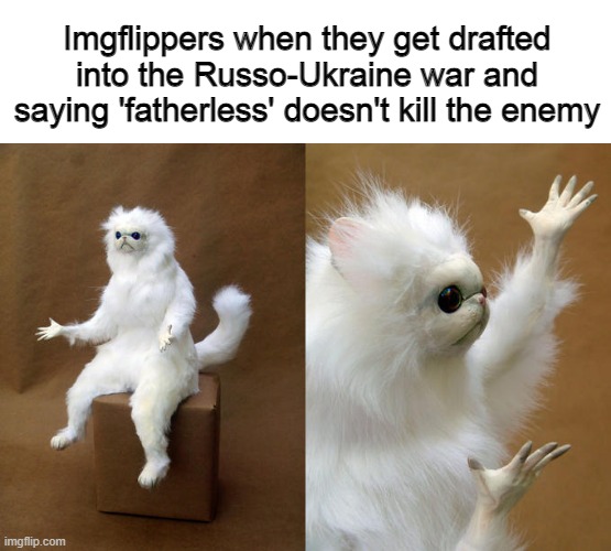 Persian Cat Room Guardian | Imgflippers when they get drafted into the Russo-Ukraine war and saying 'fatherless' doesn't kill the enemy | image tagged in memes,persian cat room guardian | made w/ Imgflip meme maker