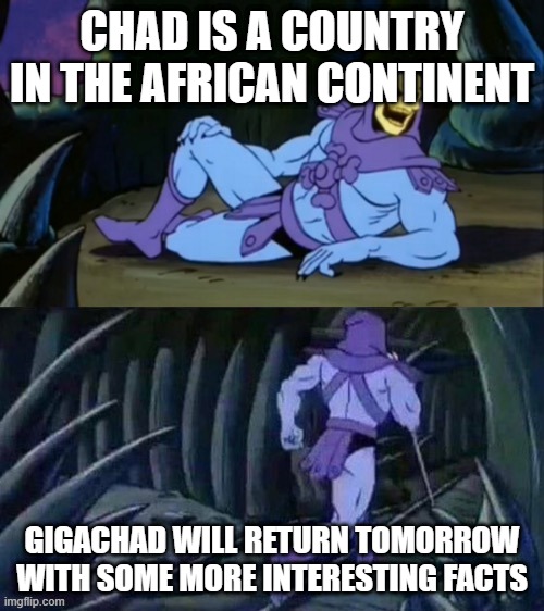 so u are not a chad anymore | CHAD IS A COUNTRY IN THE AFRICAN CONTINENT; GIGACHAD WILL RETURN TOMORROW WITH SOME MORE INTERESTING FACTS | image tagged in skeletor disturbing facts | made w/ Imgflip meme maker