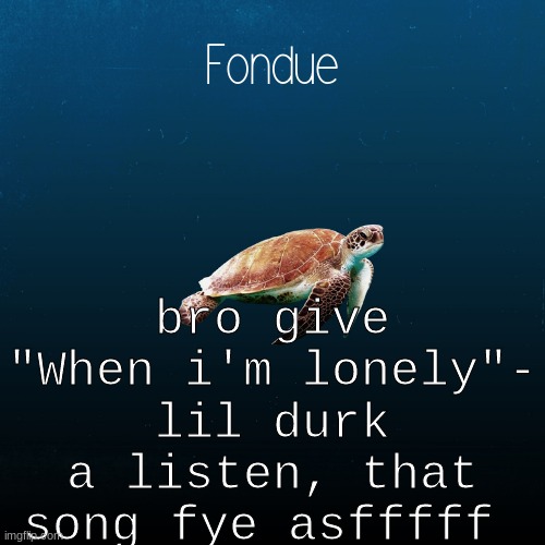 turtle template-Fondue | bro give "When i'm lonely"- lil durk a listen, that song fye asfffff | image tagged in turtle template-fondue | made w/ Imgflip meme maker