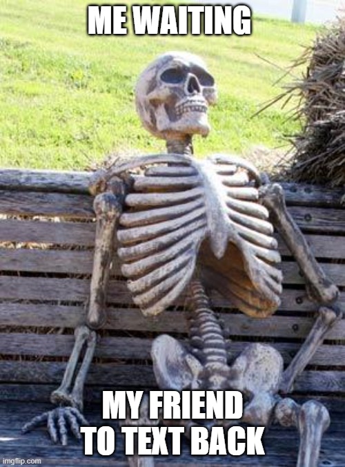 Waiting Skeleton | ME WAITING; MY FRIEND TO TEXT BACK | image tagged in memes,waiting skeleton | made w/ Imgflip meme maker