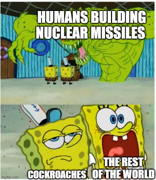 SpongeBob SquarePants scared but also not scared | HUMANS BUILDING NUCLEAR MISSILES; THE REST OF THE WORLD; COCKROACHES | image tagged in spongebob squarepants scared but also not scared | made w/ Imgflip meme maker