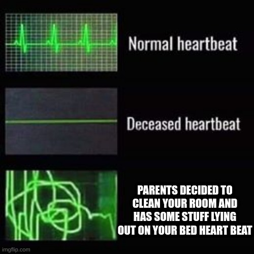 heartbeat rate | PARENTS DECIDED TO CLEAN YOUR ROOM AND HAS SOME STUFF LYING OUT ON YOUR BED HEART BEAT | image tagged in heartbeat rate | made w/ Imgflip meme maker