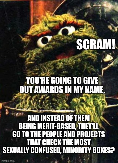 Oscar The Grouch Takes Issue With The Selection Process Of The Academy Awards |  SCRAM! YOU'RE GOING TO GIVE OUT AWARDS IN MY NAME, AND INSTEAD OF THEM BEING MERIT-BASED, THEY'LL GO TO THE PEOPLE AND PROJECTS THAT CHECK THE MOST SEXUALLY CONFUSED, MINORITY BOXES? | image tagged in oscar the grouch,oscars,academy awards | made w/ Imgflip meme maker