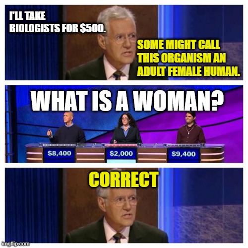 What is a woman? | I'LL TAKE BIOLOGISTS FOR $500. SOME MIGHT CALL THIS ORGANISM AN ADULT FEMALE HUMAN. WHAT IS A WOMAN? CORRECT | image tagged in jeopardy | made w/ Imgflip meme maker