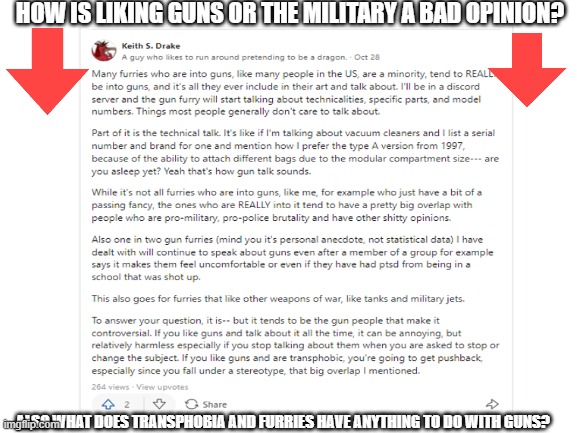 Cringe: | HOW IS LIKING GUNS OR THE MILITARY A BAD OPINION? ALSO WHAT DOES TRANSPHOBIA AND FURRIES HAVE ANYTHING TO DO WITH GUNS? | image tagged in cringe,wtf,stupid people | made w/ Imgflip meme maker