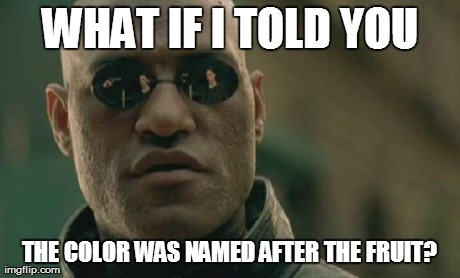 Matrix Morpheus Meme | WHAT IF I TOLD YOU THE COLOR WAS NAMED AFTER THE FRUIT? | image tagged in memes,matrix morpheus | made w/ Imgflip meme maker