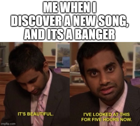 why is title making so hard | ME WHEN I DISCOVER A NEW SONG, AND ITS A BANGER | image tagged in i've looked at this for 5 hours now | made w/ Imgflip meme maker