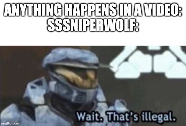 wait. that's illegal | ANYTHING HAPPENS IN A VIDEO:
SSSNIPERWOLF: | image tagged in wait that's illegal | made w/ Imgflip meme maker