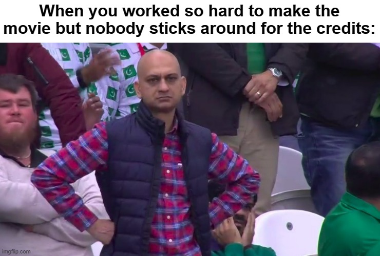 Movie endings be like: | When you worked so hard to make the movie but nobody sticks around for the credits: | image tagged in disappointed muhammad sarim akhtar | made w/ Imgflip meme maker
