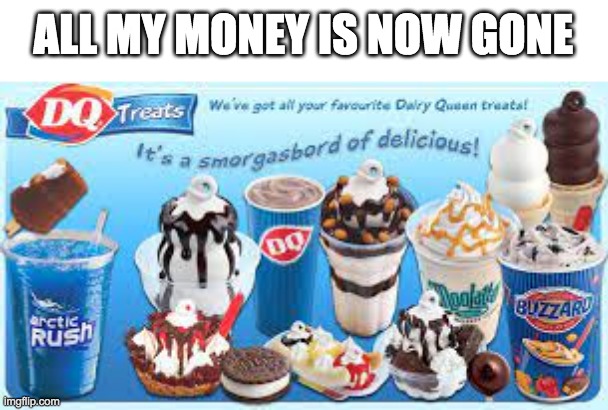 You cannot trust me when given the chance to buy Dairy Queen | ALL MY MONEY IS NOW GONE | image tagged in dairy queen ice cream,yum,memes,funny | made w/ Imgflip meme maker