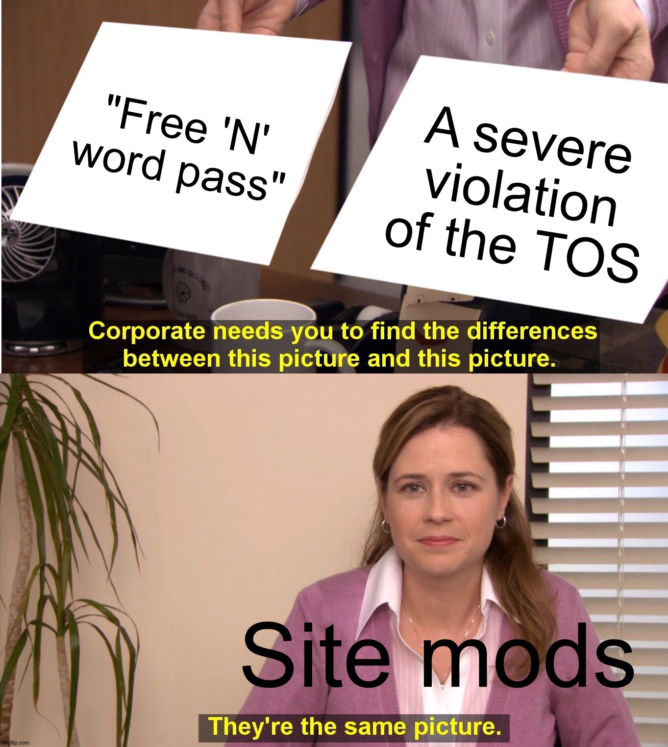 Can't comment rn | "Free 'N' word pass"; A severe violation of the TOS; Site mods | image tagged in memes,they're the same picture | made w/ Imgflip meme maker