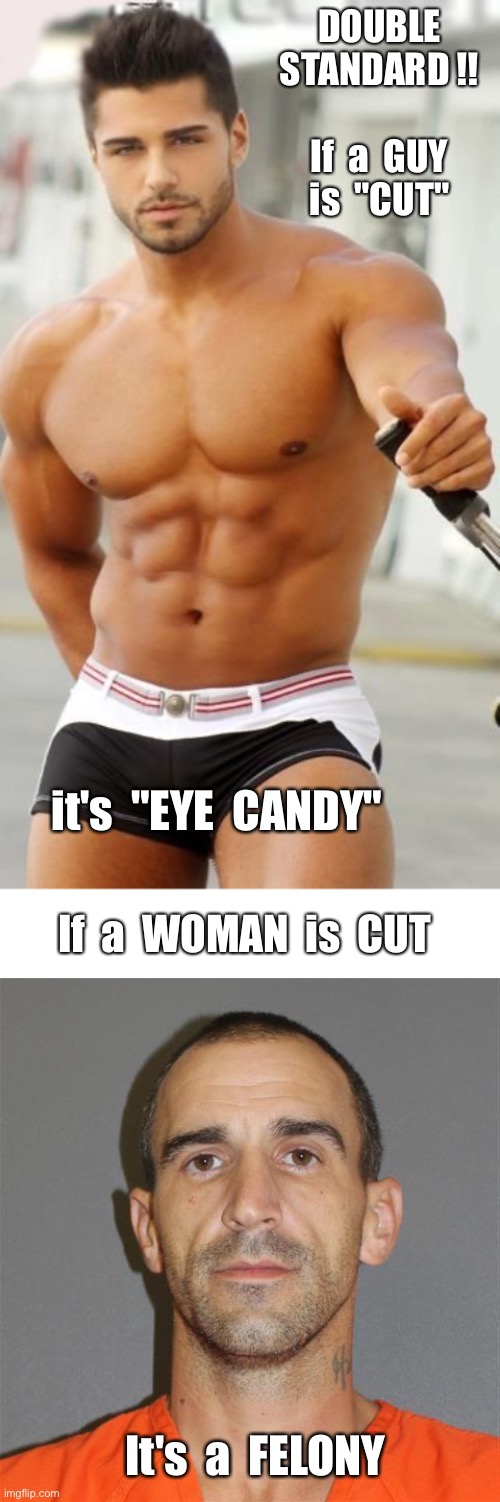 Double Standard!! | DOUBLE
STANDARD !!
 
If  a  GUY
is  "CUT"; it's  "EYE  CANDY"; If  a  WOMAN  is  CUT; It's  a  FELONY | image tagged in convict male orange shirt,double standards,dark humor,hot guy,rick75230 | made w/ Imgflip meme maker