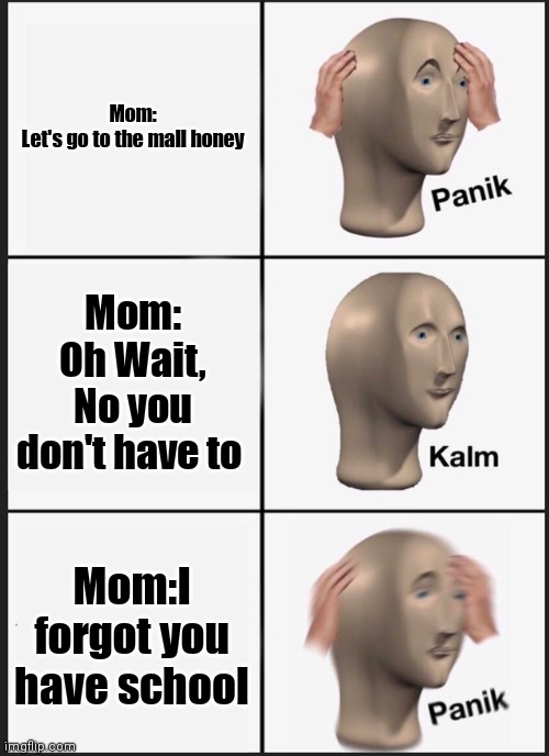 Panik Kalm Panik Meme | Mom: Let's go to the mall honey; Mom: Oh Wait, No you don't have to; Mom:I forgot you have school | image tagged in memes,panik kalm panik | made w/ Imgflip meme maker
