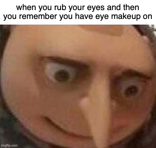 this didnt happen today guys it happened a while ago but thats beside the point it's just a meme | when you rub your eyes and then you remember you have eye makeup on | image tagged in gru meme | made w/ Imgflip meme maker