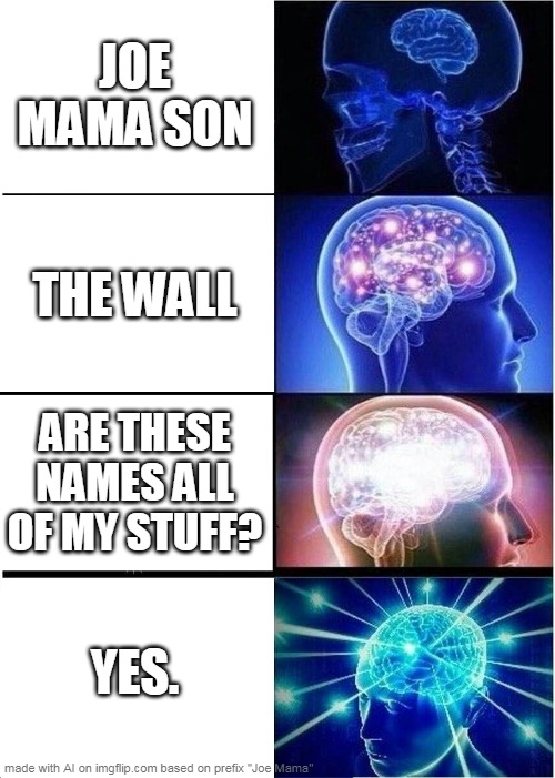 Are these my stuff? Well, y e s... | JOE MAMA SON; THE WALL; ARE THESE NAMES ALL OF MY STUFF? YES. | image tagged in memes,expanding brain,ai meme | made w/ Imgflip meme maker