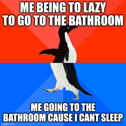 Socially Awesome Awkward Penguin Meme | ME BEING TO LAZY TO GO TO THE BATHROOM; ME GOING TO THE BATHROOM CAUSE I CANT SLEEP | image tagged in memes,socially awesome awkward penguin | made w/ Imgflip meme maker