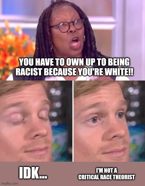 YOU HAVE TO OWN UP TO BEING RACIST BECAUSE YOU'RE WHITE!! IDK... I'M NOT A CRITICAL RACE THEORIST | image tagged in deranged whoopi,blinking white man | made w/ Imgflip meme maker