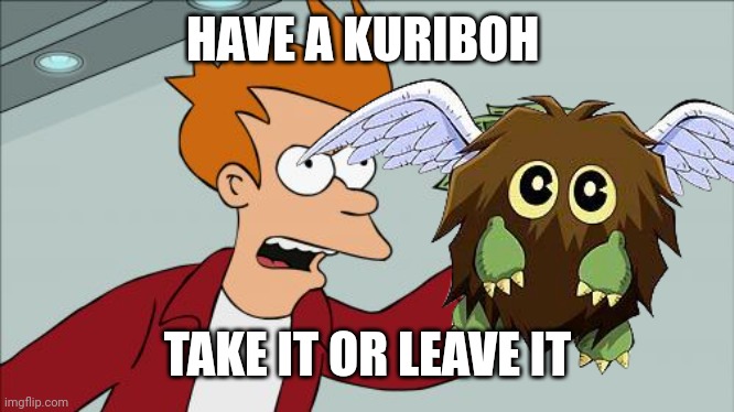 POV: furball with wings | HAVE A KURIBOH; TAKE IT OR LEAVE IT | image tagged in yugioh,winged kuriboh | made w/ Imgflip meme maker