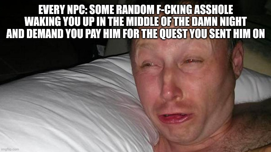 NPC Life | EVERY NPC: SOME RANDOM F-CKING ASSHOLE WAKING YOU UP IN THE MIDDLE OF THE DAMN NIGHT AND DEMAND YOU PAY HIM FOR THE QUEST YOU SENT HIM ON | image tagged in woken up | made w/ Imgflip meme maker