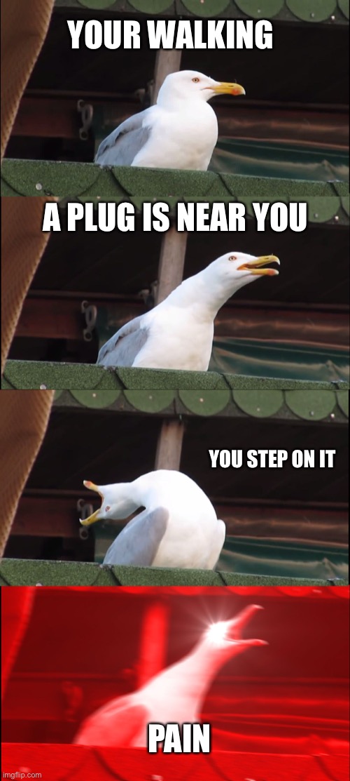 Inhaling Seagull | YOUR WALKING; A PLUG IS NEAR YOU; YOU STEP ON IT; PAIN | image tagged in memes,inhaling seagull | made w/ Imgflip meme maker