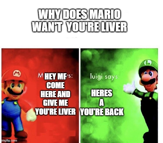 GIVE ME YOU'RE LIVER | WHY DOES MARIO WAN'T  YOU'RE LIVER; HEY MF COME HERE AND GIVE ME YOU'RE LIVER; HERES A YOU'RE BACK | image tagged in what are the mario bros views on | made w/ Imgflip meme maker