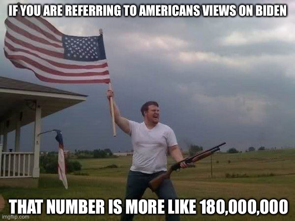 American flag shotgun guy | IF YOU ARE REFERRING TO AMERICANS VIEWS ON BIDEN THAT NUMBER IS MORE LIKE 180,000,000 | image tagged in american flag shotgun guy | made w/ Imgflip meme maker