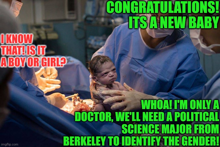 I don't like where the gender identity crisis is going. Or that 21st century humans are dumb enough to have this crisis! | CONGRATULATIONS! ITS A NEW BABY; I KNOW THAT! IS IT A BOY OR GIRL? WHOA! I'M ONLY A DOCTOR, WE'LL NEED A POLITICAL SCIENCE MAJOR FROM BERKELEY TO IDENTIFY THE GENDER! | image tagged in new baby born,gender identity,liberals,stupid people,medical,wtf | made w/ Imgflip meme maker