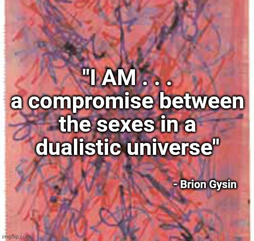 Brion Gysin | "I AM . . .
a compromise between
the sexes in a
dualistic universe"; - Brion Gysin | image tagged in gender fluid | made w/ Imgflip meme maker
