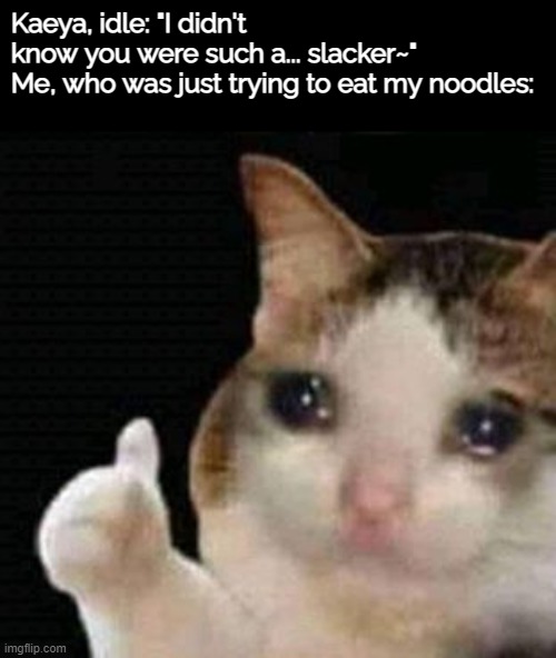 Yes, Kaeya. Sorry, Kaeya. |  Kaeya, idle: "I didn't know you were such a... slacker~"
Me, who was just trying to eat my noodles: | image tagged in sad thumbs up cat,genshin impact,noodles | made w/ Imgflip meme maker