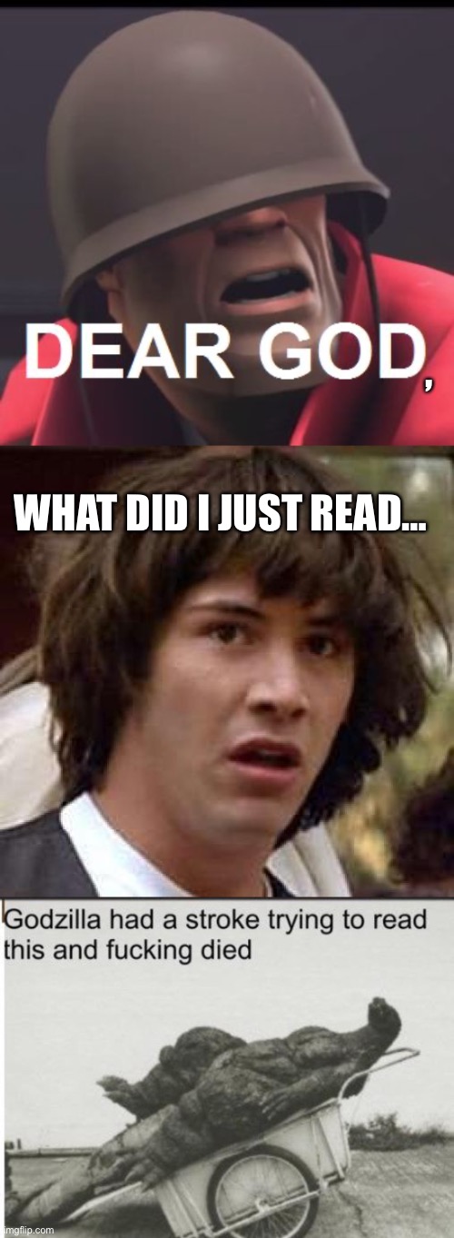 , WHAT DID I JUST READ… | image tagged in dear god,memes,conspiracy keanu,godzilla | made w/ Imgflip meme maker