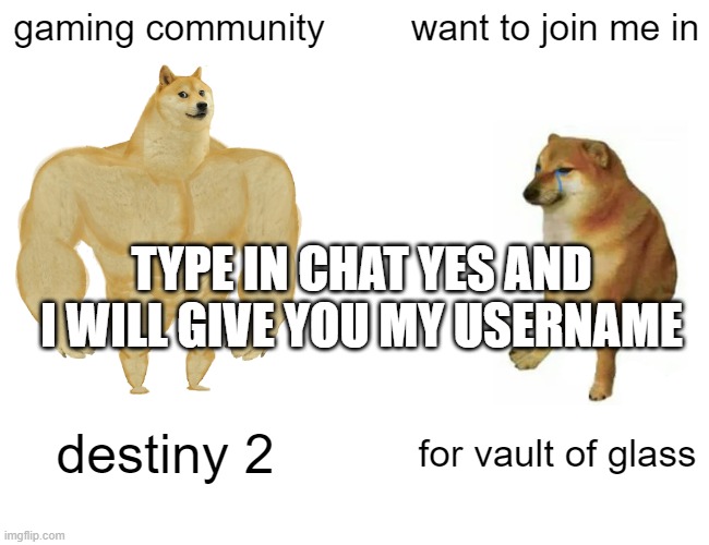 Buff Doge vs. Cheems | gaming community; want to join me in; TYPE IN CHAT YES AND I WILL GIVE YOU MY USERNAME; destiny 2; for vault of glass | image tagged in memes,buff doge vs cheems | made w/ Imgflip meme maker