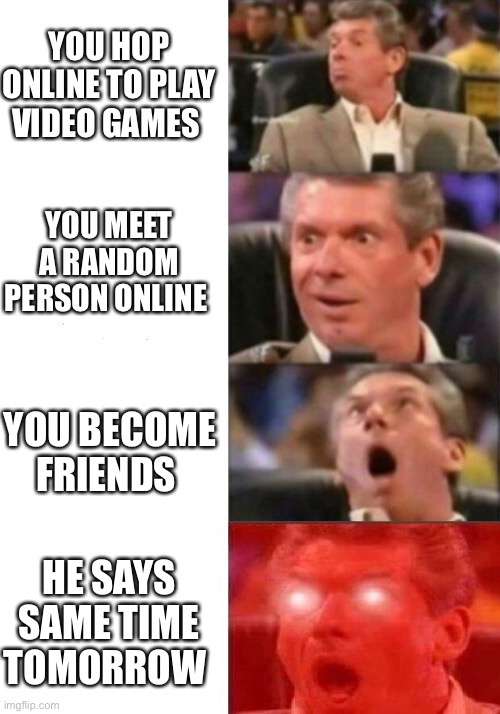 Friends | YOU HOP ONLINE TO PLAY VIDEO GAMES; YOU MEET A RANDOM PERSON ONLINE; YOU BECOME FRIENDS; HE SAYS SAME TIME TOMORROW | image tagged in mr mcmahon reaction | made w/ Imgflip meme maker
