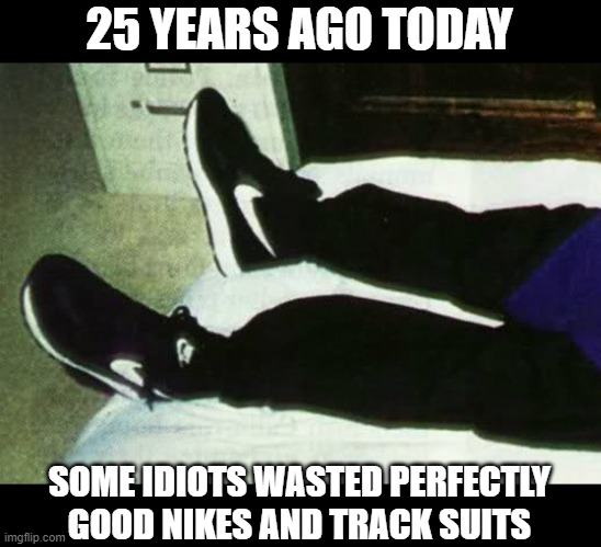 Heaven's Gate | 25 YEARS AGO TODAY; SOME IDIOTS WASTED PERFECTLY GOOD NIKES AND TRACK SUITS | image tagged in heavens gate | made w/ Imgflip meme maker