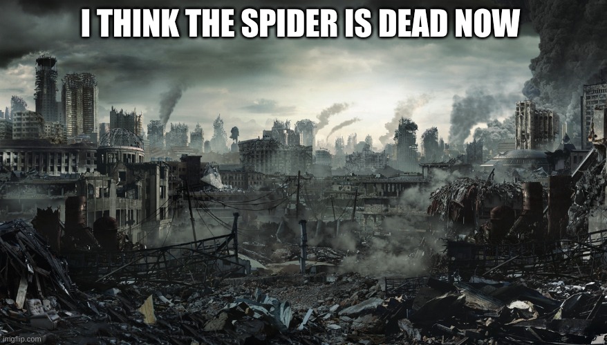 City Destroyed | I THINK THE SPIDER IS DEAD NOW | image tagged in city destroyed | made w/ Imgflip meme maker