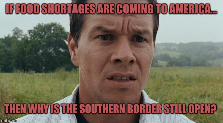 Less food to go around. | IF FOOD SHORTAGES ARE COMING TO AMERICA... THEN WHY IS THE SOUTHERN BORDER STILL OPEN? | image tagged in mark wahlberg confused | made w/ Imgflip meme maker